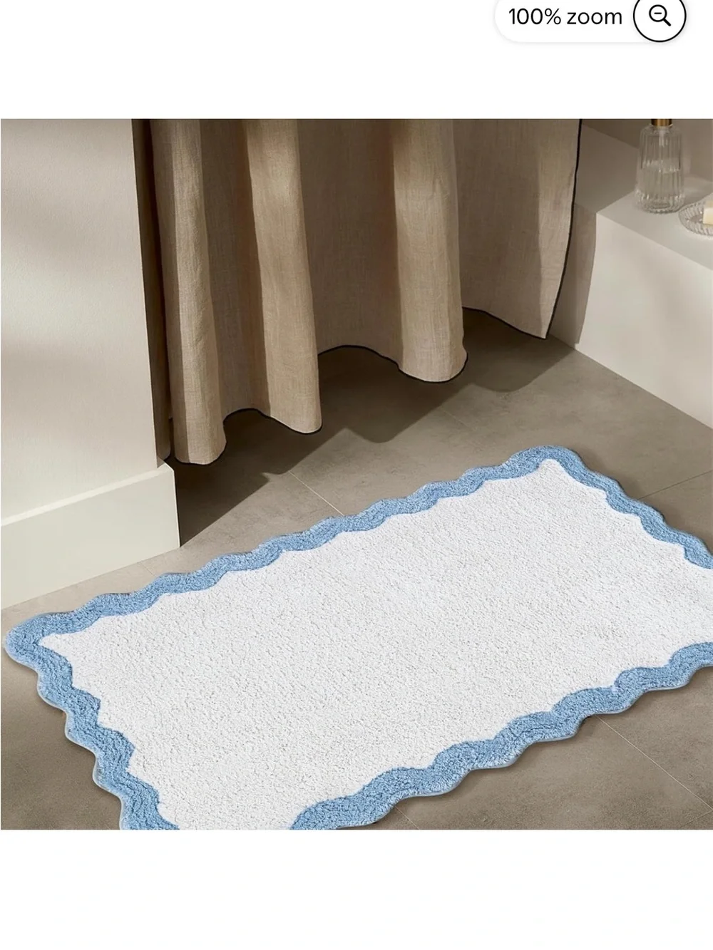 White Bath Rug with Light Blue Scalloped Edge